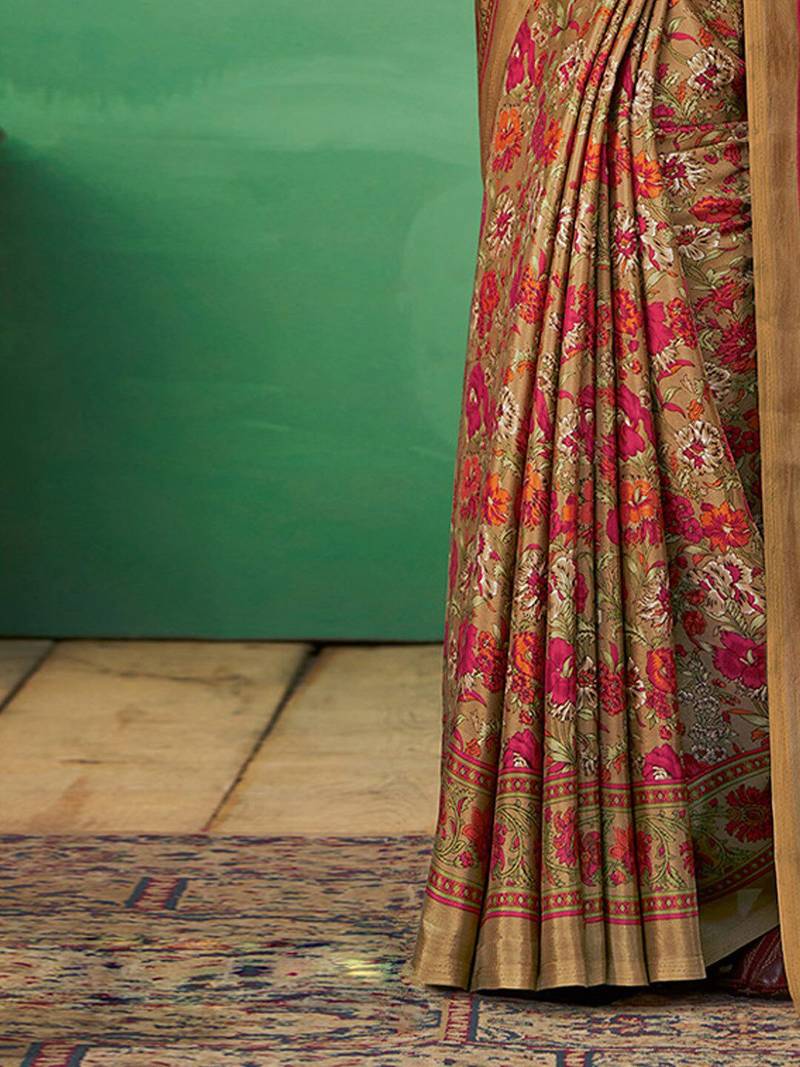 beige ethnic motifs printed poly crepe bagru saree