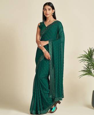 green green & silver-toned embellished satin saree 1