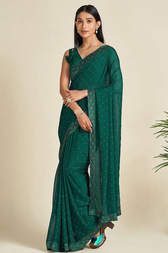 green green & silver-toned embellished satin saree