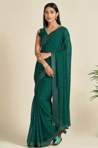 green green & silver-toned embellished satin saree