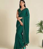 green green & silver-toned embellished satin saree