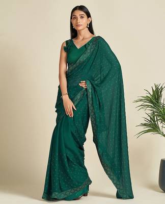 green green & silver-toned embellished satin saree 2