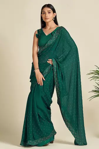 green green & silver-toned embellished satin saree