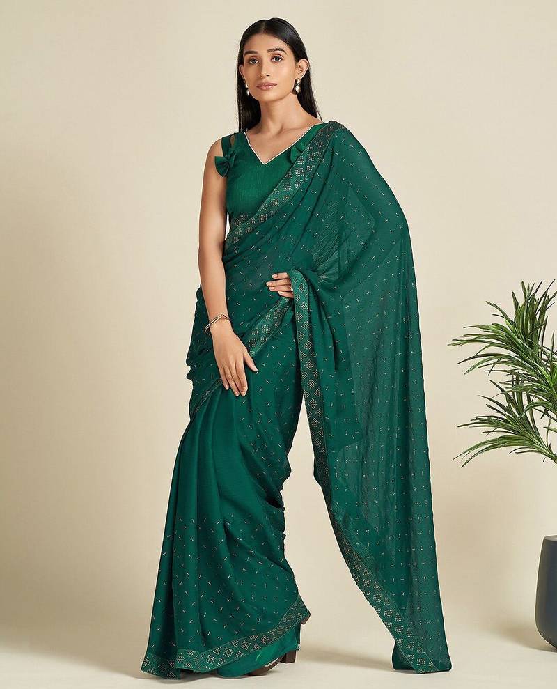 green green & silver-toned embellished satin saree