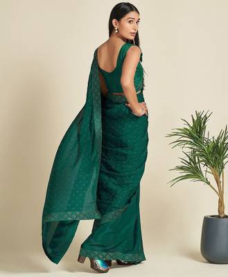 green green & silver-toned embellished satin saree 3