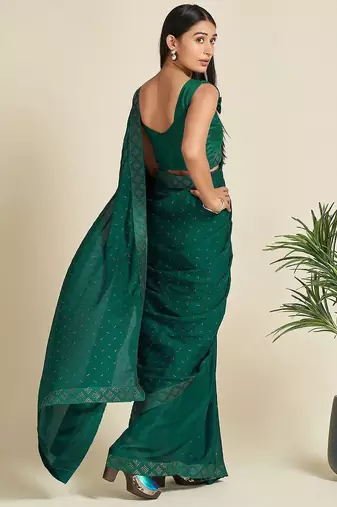 green green & silver-toned embellished satin saree