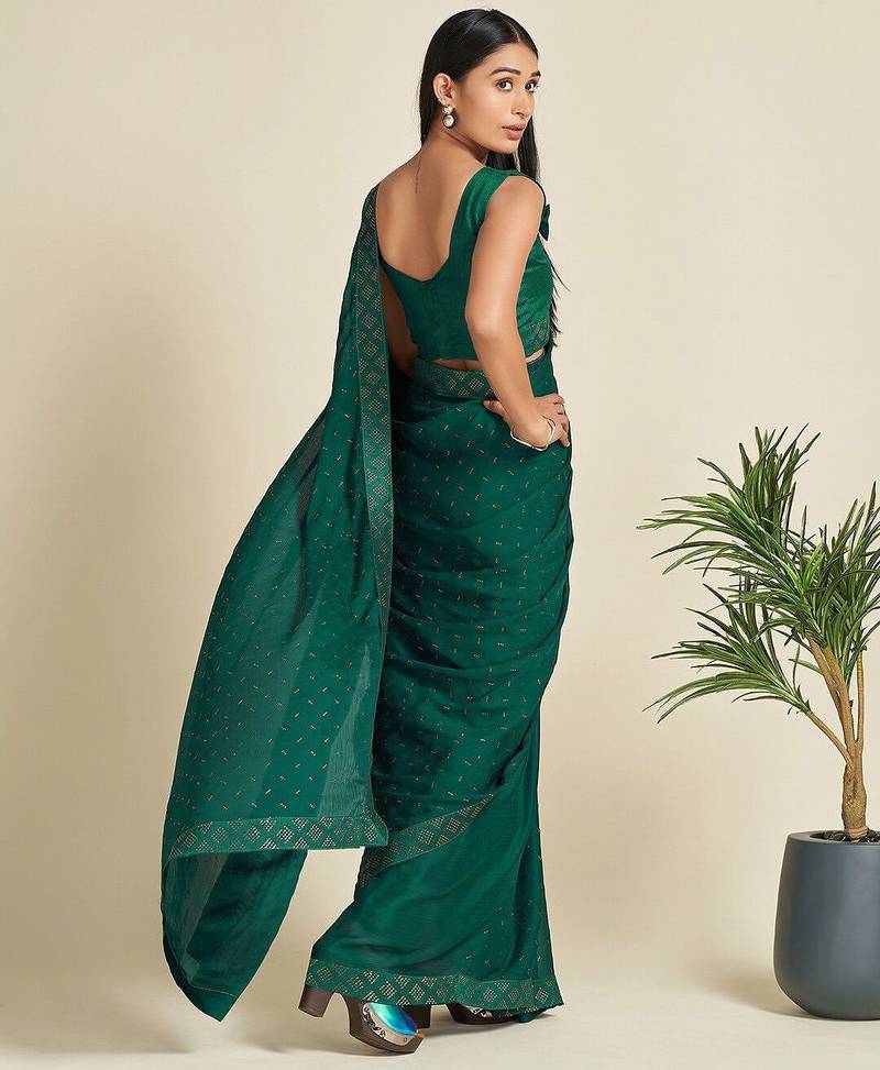 green green & silver-toned embellished satin saree