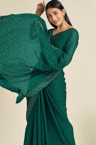 green green & silver-toned embellished satin saree