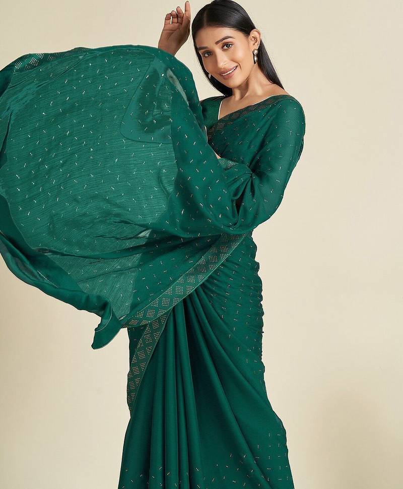 green green & silver-toned embellished satin saree