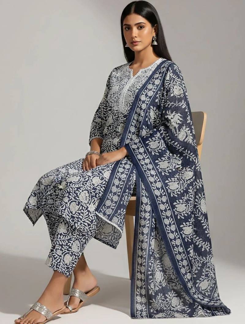 workwear women printed kurta with trousers with dupatta