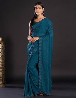 teal teal & gold-toned embellished satin saree 1