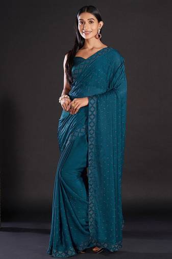 teal teal & gold-toned embellished satin saree