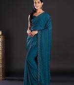teal teal & gold-toned embellished satin saree