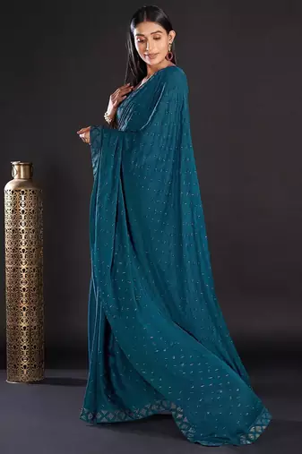 teal teal & gold-toned embellished satin saree