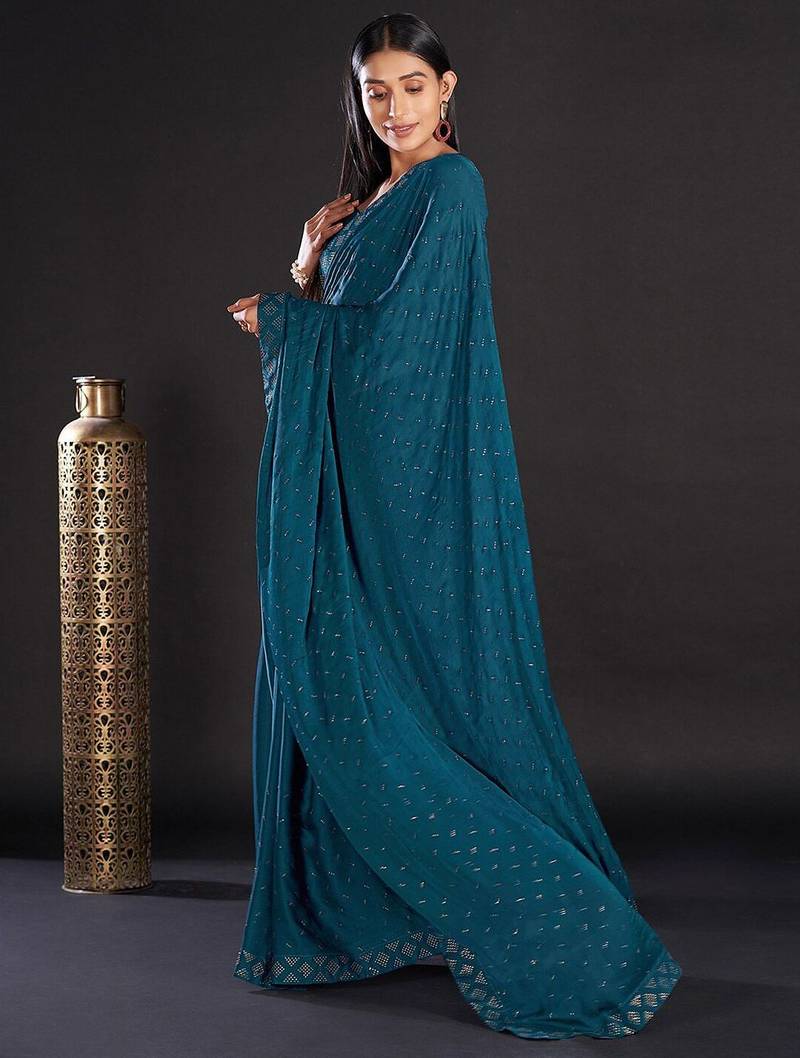 teal teal & gold-toned embellished satin saree