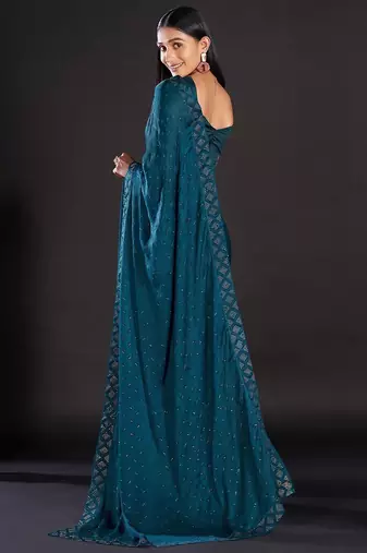 teal teal & gold-toned embellished satin saree