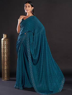 teal teal & gold-toned embellished satin saree 4