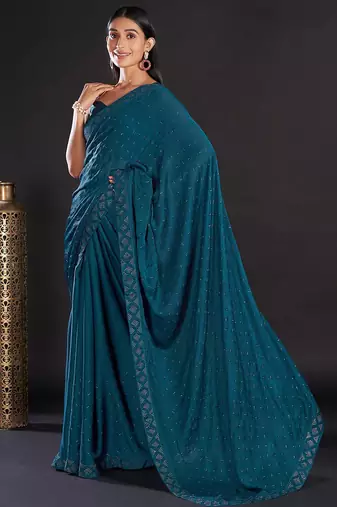teal teal & gold-toned embellished satin saree