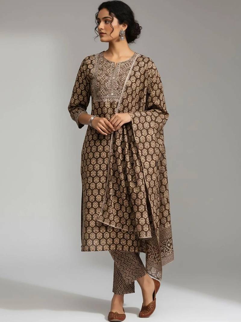 tailored women printed kurta with trousers with dupatta