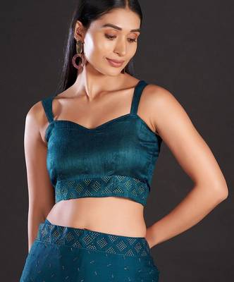 teal teal & gold-toned embellished satin saree 5