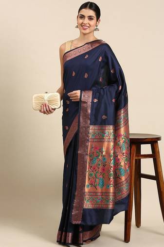 navy_blue ethnic motifs silk blend paithani saree