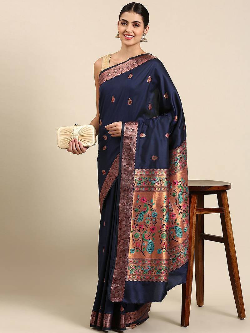 navy_blue ethnic motifs silk blend paithani saree