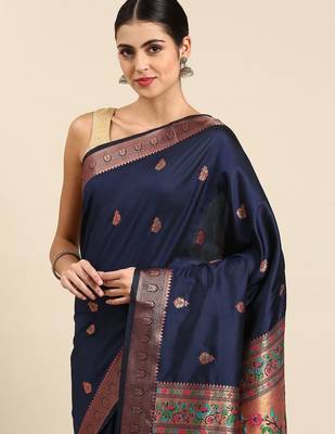 navy_blue ethnic motifs silk blend paithani saree 2