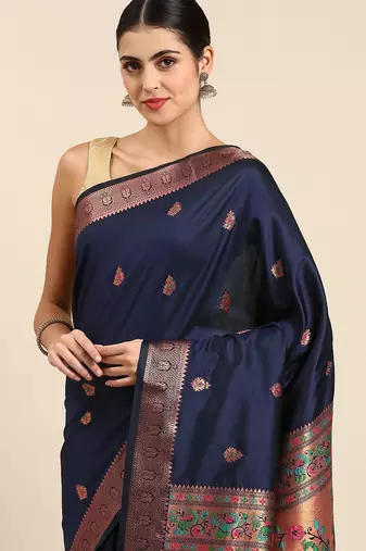 navy_blue ethnic motifs silk blend paithani saree