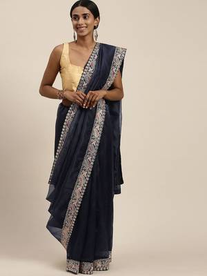 navy_blue navy blue sequinned embroidered border organza saree 1
