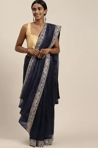 navy_blue navy blue sequinned embroidered border organza saree