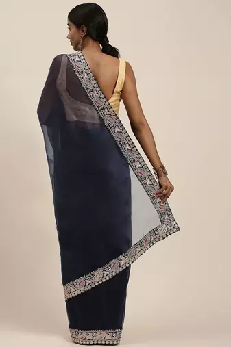 navy_blue navy blue sequinned embroidered border organza saree