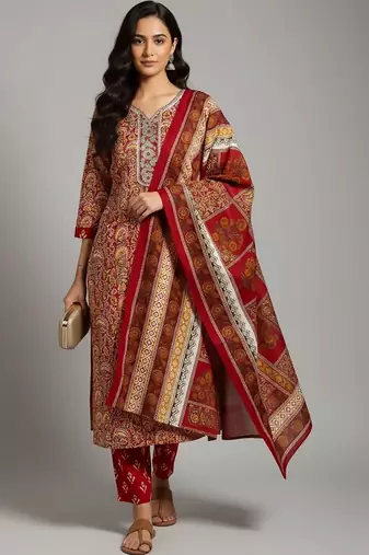 workwear women printed kurta with trousers with dupatta