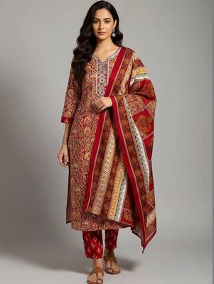 workwear women printed kurta with trousers with dupatta 4