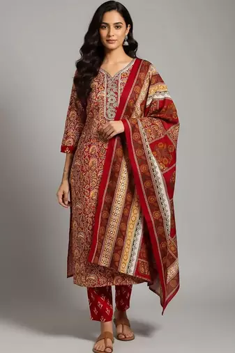 workwear women printed kurta with trousers with dupatta