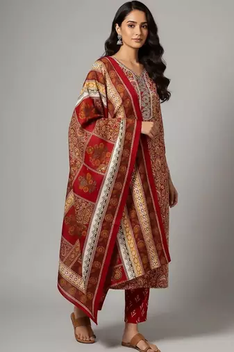 workwear women printed kurta with trousers with dupatta