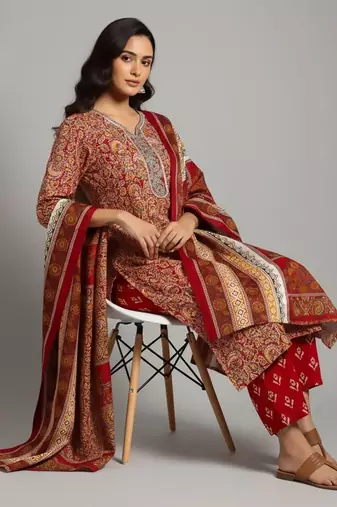 workwear women printed kurta with trousers with dupatta