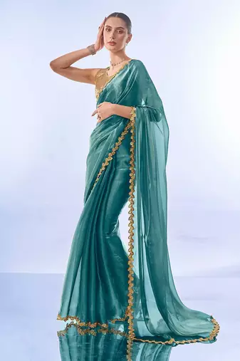 teal sequinned organza saree with blouse piece