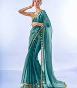 teal sequinned organza saree with blouse piece