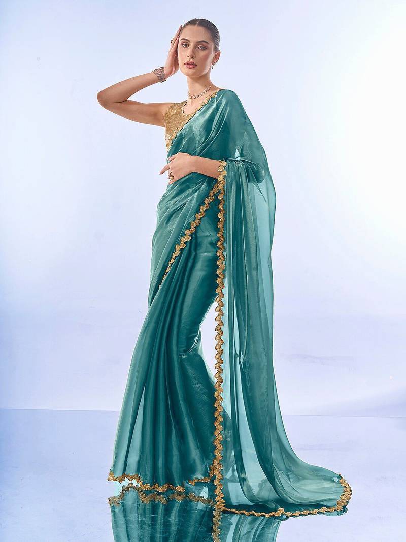 teal sequinned organza saree with blouse piece