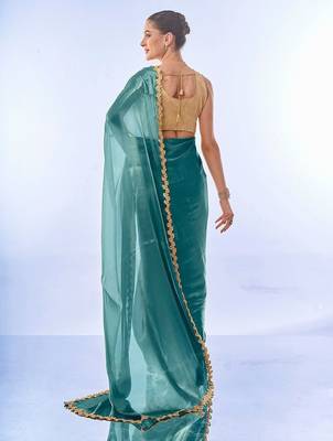 teal sequinned organza saree with blouse piece 3