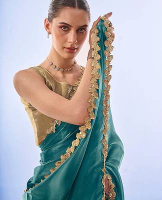 teal sequinned organza saree with blouse piece 4