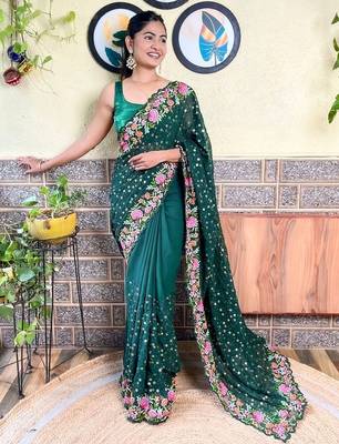 green green & pink floral sequinned saree 1