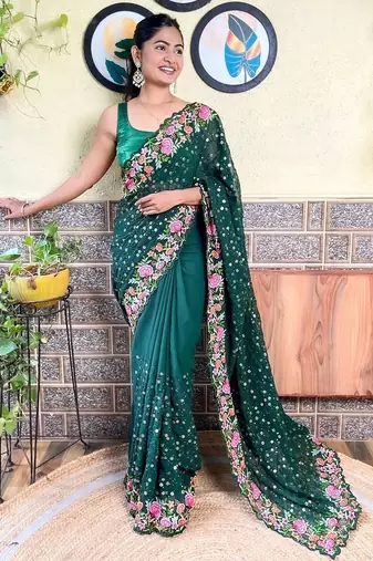 green green & pink floral sequinned saree