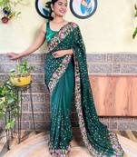 green green & pink floral sequinned saree