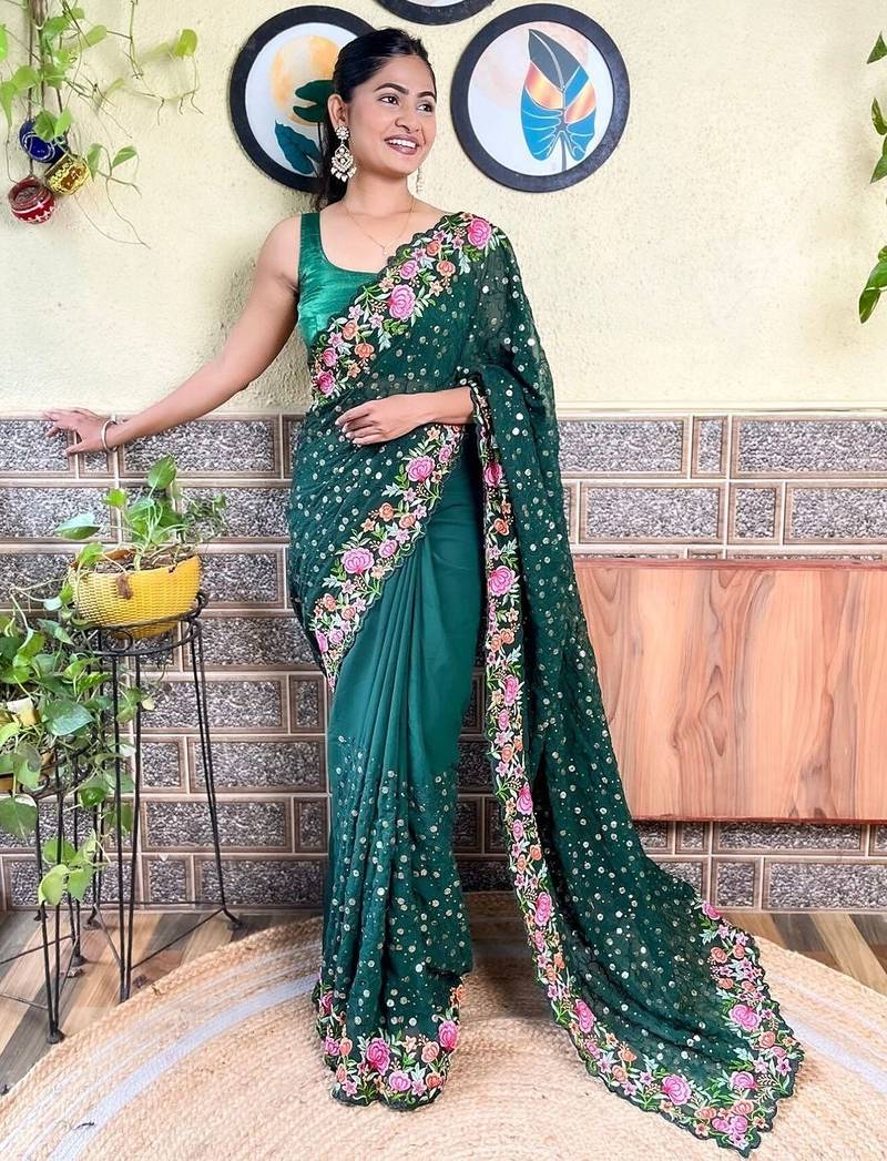 green green & pink floral sequinned saree