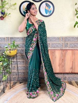 green green & pink floral sequinned saree 2
