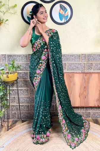 green green & pink floral sequinned saree