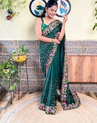 green green & pink floral sequinned saree 3
