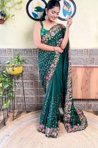 green green & pink floral sequinned saree