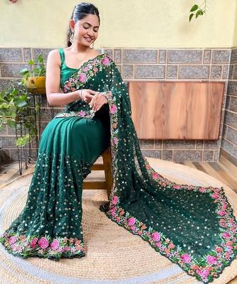 green green & pink floral sequinned saree 4